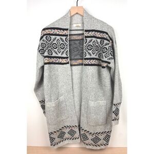 Debut Womens Open Front Cardigan Sweater‎ S/M Gray Black Patterned Pockets